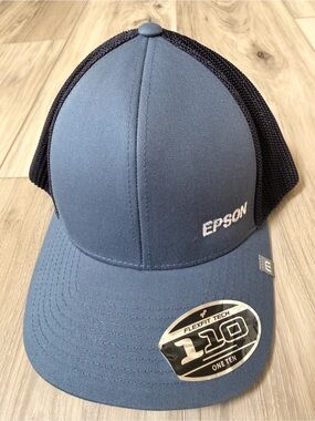 NWT Epson Flexfit 110 Trucker Hat Mesh Snapback Cap Blue Black